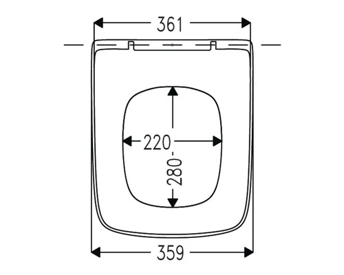 Desen tehnic al unui capac de toaletă cu dimensiuni.