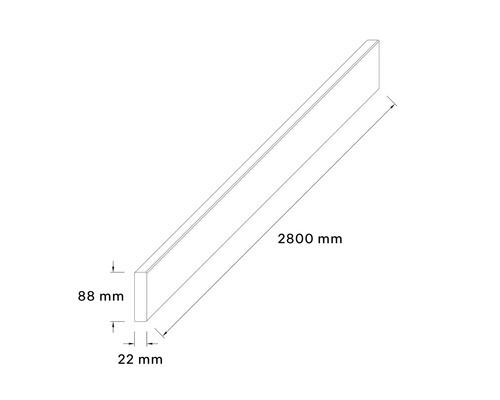 Schiță a unei plinte cu dimensiunile de 2800 mm lungime, 88 mm înălțime și 22 mm lățime.