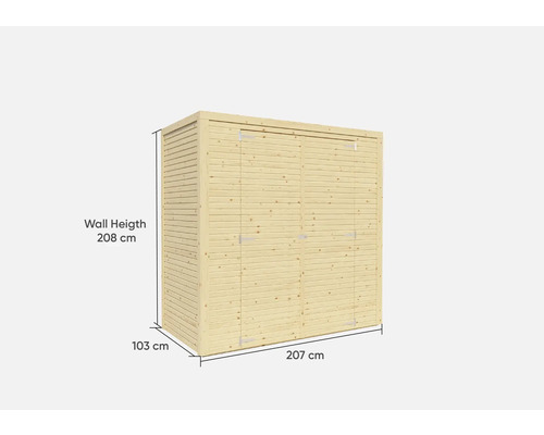 Dulap de scule din lemn cu dimensiunile de 207 cm pe 103 cm și o înălțime a peretelui de 208 cm