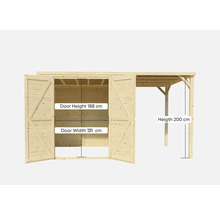Cabină de grădină din lemn cu ușă dublă și carport, înălțime ușă 188 cm, lățime ușă 131 cm, înălțime carport 200 cm