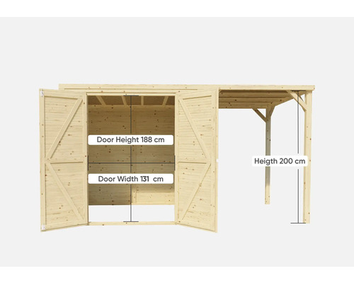 Cabină de grădină din lemn cu ușă dublă și carport, înălțime ușă 188 cm, lățime ușă 131 cm, înălțime carport 200 cm
