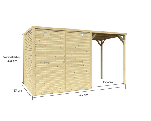 Cabină de grădină din lemn cu ușă dublă și extensie laterală, dimensiuni 373 pe 157 pe 208 centimetri