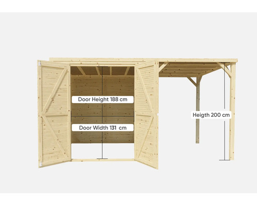 Cabină de grădină din lemn cu uși duble deschise, înălțime ușă 188 cm, lățime ușă 131 cm, înălțime 200 cm