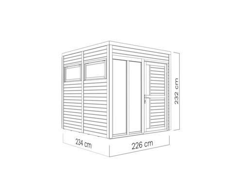 Ilustrație a unei căsuțe de grădină cu ferestre, ușă și dimensiunile de 234 pe 226 pe 232 centimetri.