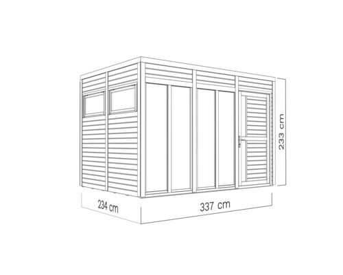 Ilustrație a unei căsuțe de grădină cu ferestre, ușă și dimensiunile de 234 pe 337 pe 233 de centimetri.