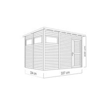 Ilustrație a unei căsuțe de grădină cu dimensiunile de 234 pe 337 pe 233 centimetri.