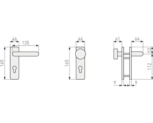 Desen tehnic cu dimensiunile unui set de feronerie pentru uși