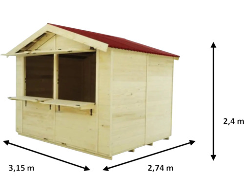 Stand de vânzare din lemn cu dimensiunile de 3,15 metri pe 2,74 metri și o înălțime de 2,4 metri.