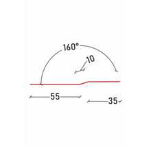 Desen tehnic cu dimensiuni: unghi de 160 grade, înălțime de 10 milimetri, lungime de 55 milimetri și 35 milimetri.