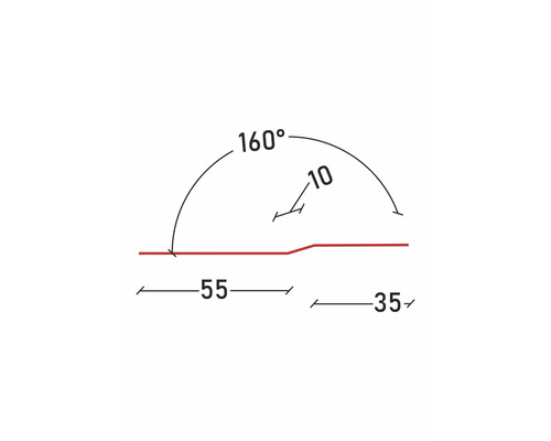 Desen tehnic cu dimensiuni: unghi de 160 grade, înălțime de 10 milimetri, lungime de 55 milimetri și 35 milimetri.