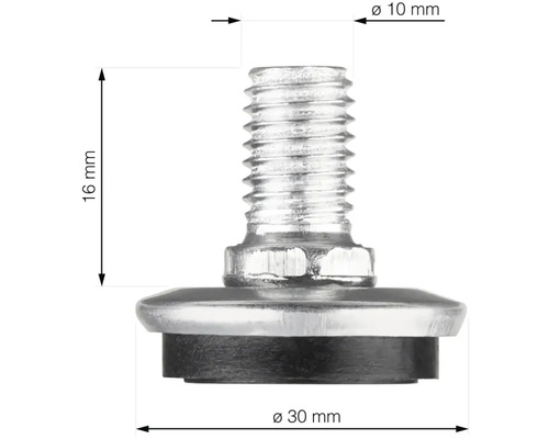 Picior de mobilă cu filet, dimensiuni 16 mm înălțime, 10 mm diametru filet, 30 mm diametru picior