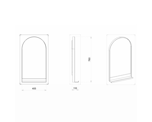 Desen tehnic al unei oglinzi cu raft și dimensiuni