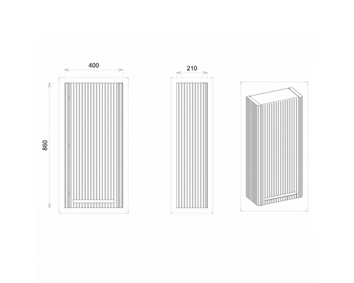 Desen tehnic al unui dulap de baie cu dimensiunile 400, 210 și 860 mm.