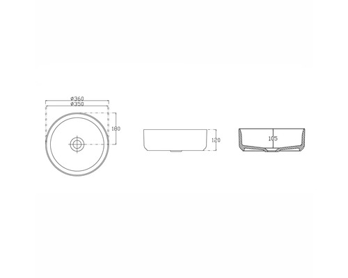 Desen tehnic al unei chiuvete rotunde de blat cu dimensiuni