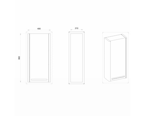 Desen tehnic al unui dulap de baie cu dimensiunile 400 x 860 x 210 mm.