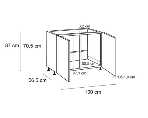 Desen al unui dulap inferior cu dimensiuni.