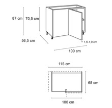 Desen tehnic al unui dulap inferior de colț cu dimensiuni