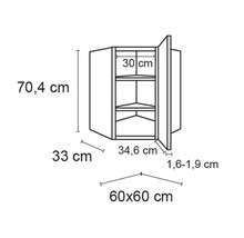 Desen tehnic al unui dulap suspendat de colț cu dimensiuni