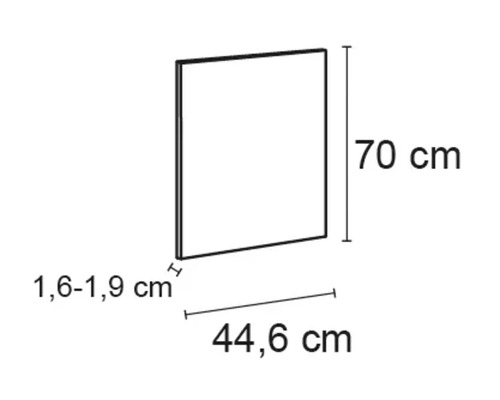 Desen tehnic al produsului cu dimensiunile de 44,6 cm lățime, 70 cm înălțime și 1,6 până la 1,9 cm grosime