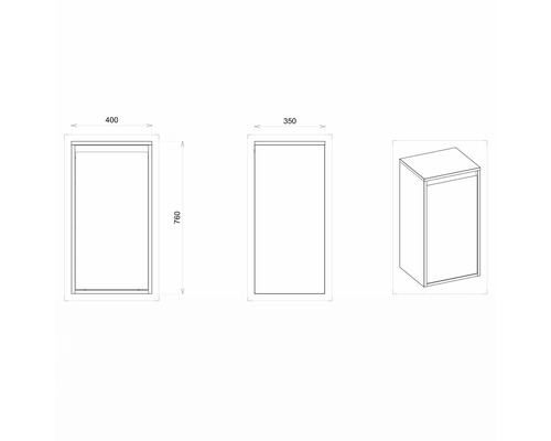 Desen tehnic al unui dulap de baie cu dimensiunile 400 x 350 x 760 mm.