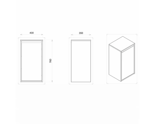 Desen tehnic al unui dulap de baie cu dimensiunile de 400 x 350 x 760 milimetri.