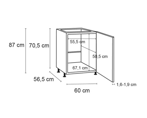 Schemă a unui dulap de bucătărie inferior cu dimensiuni