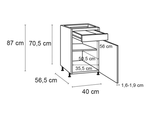 Desen tehnic cu un dulap inferior de bucătărie cu sertar și ușă, inclusiv dimensiuni