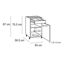 Schiță a unui dulap de bază de bucătărie cu sertar, rafturi și dimensiuni
