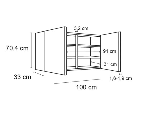 Schiță a unui dulap de perete cu dimensiunile 100 x 70,4 x 33 cm