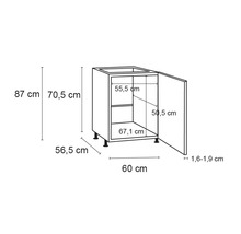 Schiță a unui dulap de bază pentru chiuvetă cu dimensiuni