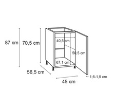Schiță a unui dulap inferior cu dimensiuni