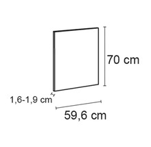 Imaginea unui panou cu dimensiunile de 70 cm înălțime, 59,6 cm lățime și 1,6 până la 1,9 cm adâncime.