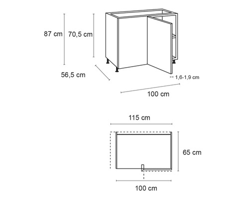 Schiță a unui dulap inferior de colț cu dimensiuni.