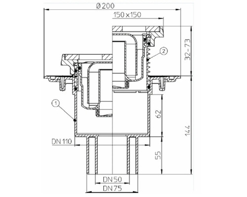 Desen tehnic al unui canal de scurgere cu dimensiuni în milimetri