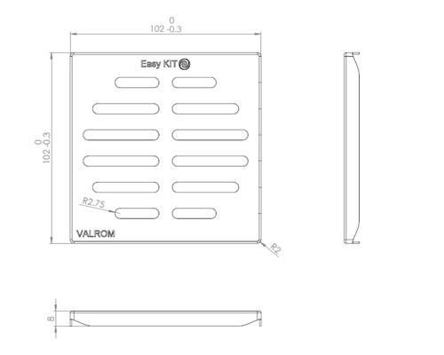 Desen tehnic al unui scurgere pătrată cu dimensiunile de 102 pe 102 milimetri
