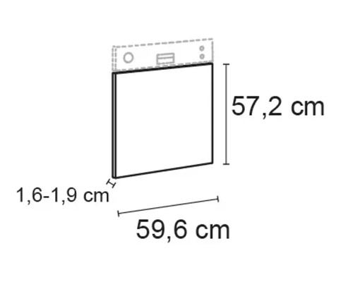 Imagine cu dimensiuni: 57,2 cm înălțime, 59,6 cm lățime, 1,6 până la 1,9 cm adâncime