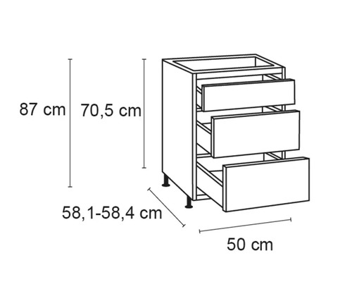 Schiță a unui corp inferior de bucătărie cu trei sertare și indicații de dimensiuni