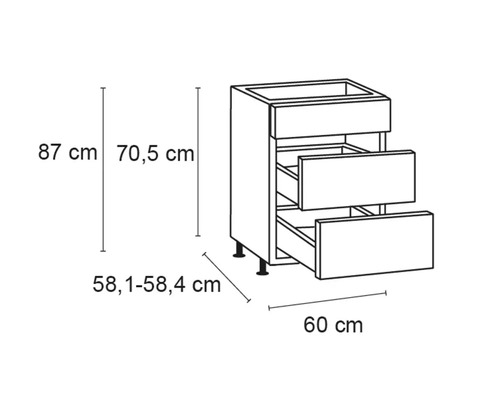 Desen cu un dulap de bază de bucătărie cu trei sertare și indicații de dimensiuni