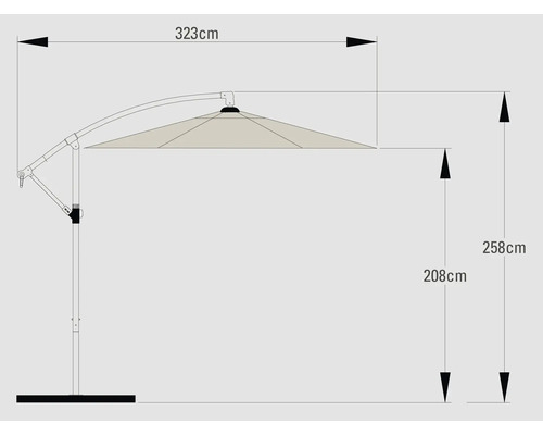 Desen tehnic al unei umbrele de soare cu dimensiunile de 323 cm lățime și 258 cm înălțime