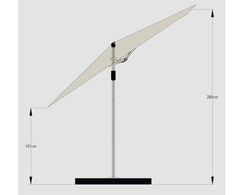Ilustrație a unei umbrele de soare cu specificații de înălțime de 147 cm și 280 cm.