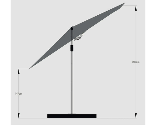 Imagine a unei umbrele de soare cu stâlp lateral și dimensiunile de 147 cm și 280 cm.