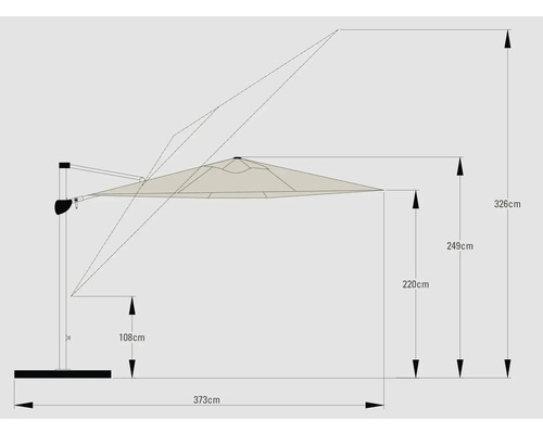 Desen tehnic al unei umbrele de soare cu catarg lateral, dimensiuni în centimetri