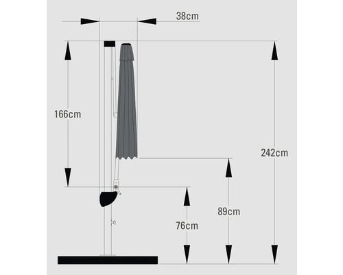 Desen tehnic al unei umbrele de soare cu informații despre înălțime și lățime.