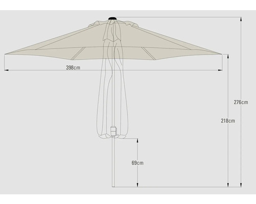 Desen tehnic al unei umbrele de soare cu dimensiuni.