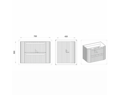 Desen tehnic al unui dulap de bază pentru lavoar cu dimensiunile 700 x 500 x 420 mm
