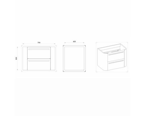 Desen tehnic al unui dulap de bază pentru lavoar cu sertare și dimensiuni.