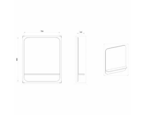 Desen tehnic al unui dulap cu oglindă cu dimensiunile 700 x 860 x 140 milimetri.