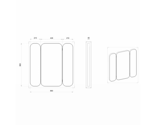 Desen tehnic al unui dulap cu oglindă, cu dimensiuni.