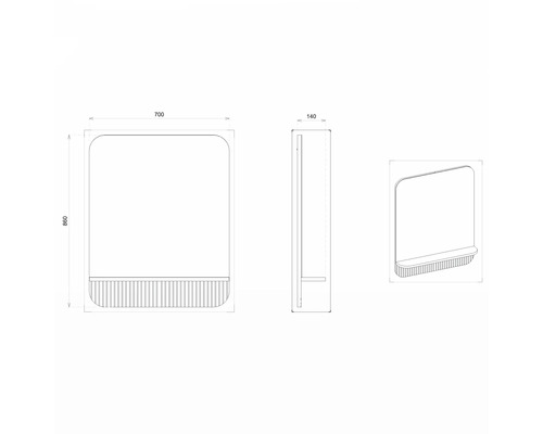 Desen tehnic al unui dulap cu oglindă cu dimensiunile de 700 x 860 x 140 milimetri.