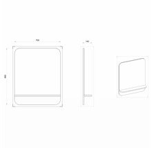 Desen tehnic al unei oglinzi cu raft și dimensiunile 700 x 860 x 140 mm.